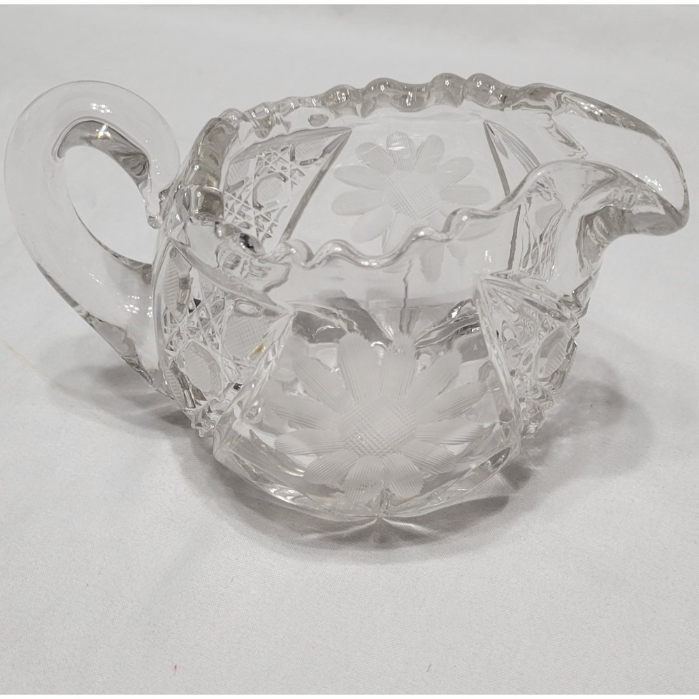 Clear Pressed Glass Floral Pattern Creamer with Handle, Decorative Round